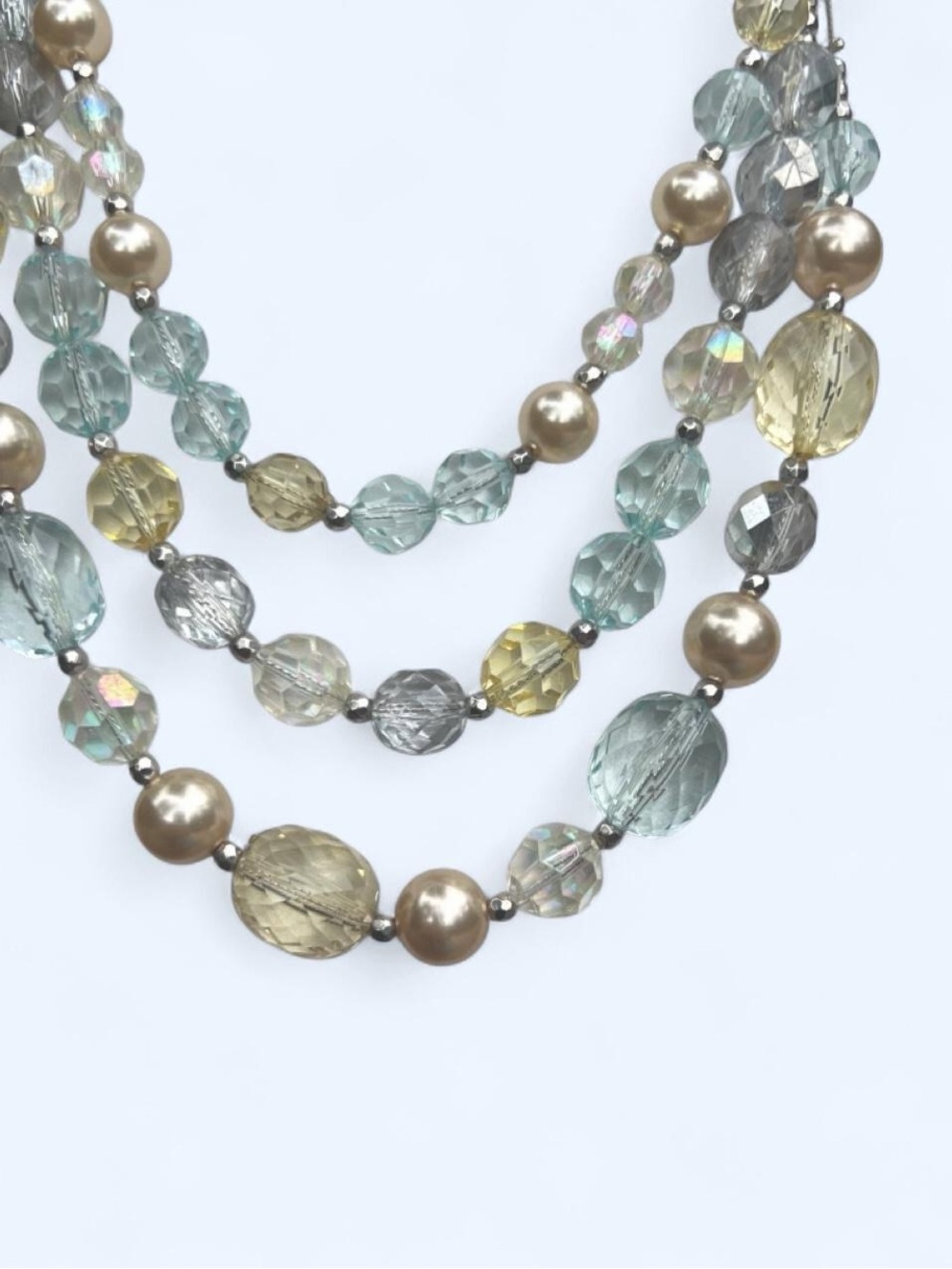 Signed Triple Strand Beaded Statement Necklace - Pastel Crystals & Faux Pearls
